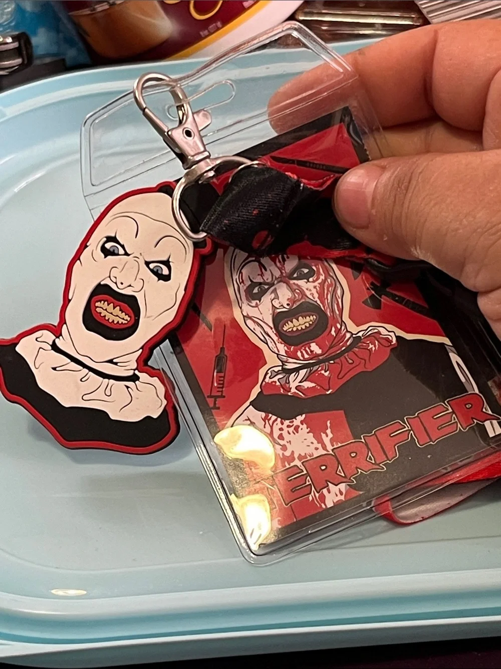Red Graphic Lanyard with Card Holder and Charm